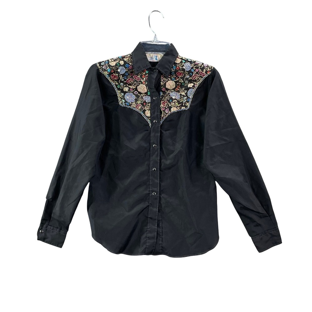 Miss Rodeo America Western Shirt Womens 7/8 Vintage Black Floral Embroidered